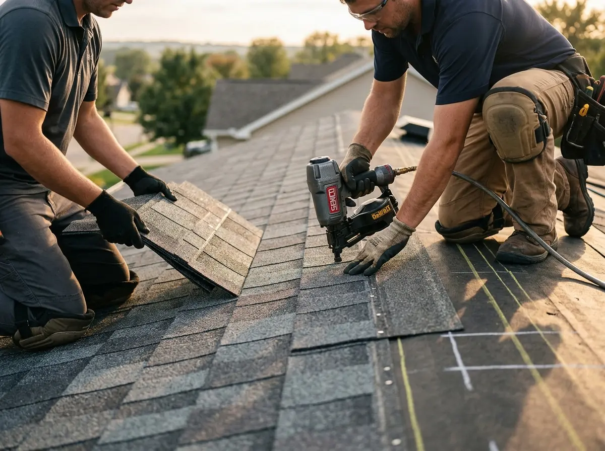 Professional roofer working on a residential roof in West Bloomfield